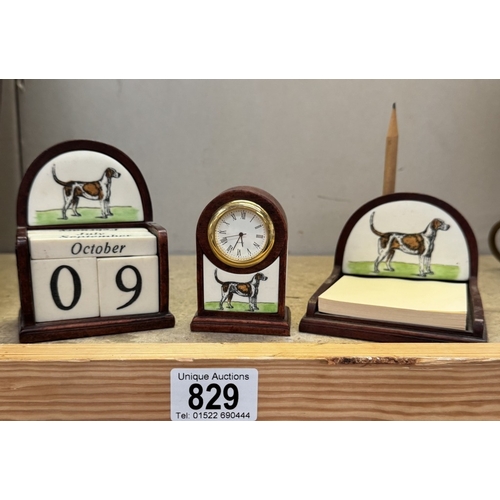 829 - A History craft fox hound calendar/clock & pad stand