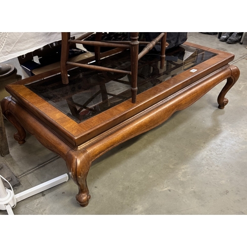 849 - A good quality solid mahogany coffee table on Queen Anne legs and with glass top, COLLECT ONLY.