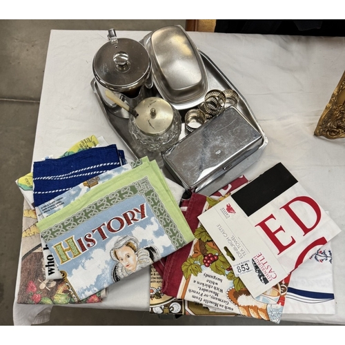 853 - A quantity of mainly new tea towels & a stainless steel tray, teapot, butterdish etc