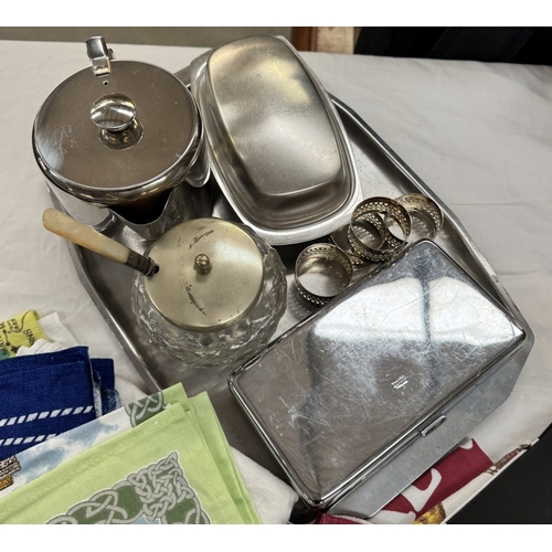 853 - A quantity of mainly new tea towels & a stainless steel tray, teapot, butterdish etc