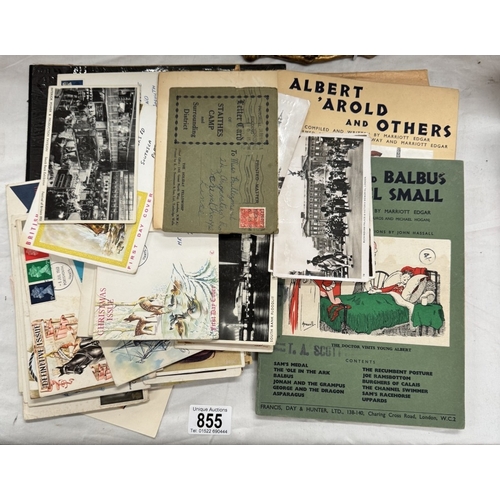 855 - A quantity of Ephemera including Postcards (Humour, topological etc), FDC, Books, Painted leaf, copp... 