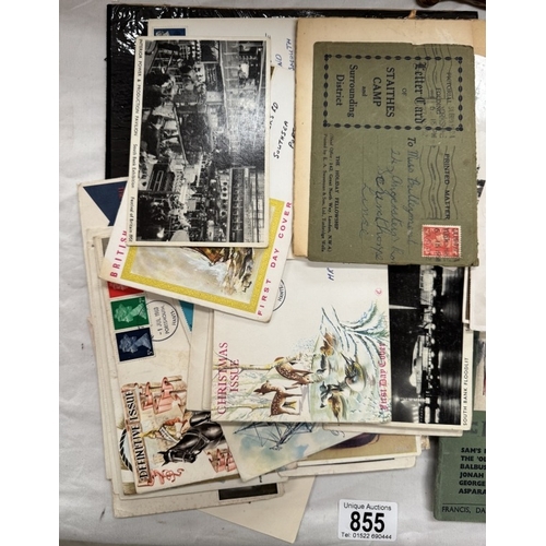 855 - A quantity of Ephemera including Postcards (Humour, topological etc), FDC, Books, Painted leaf, copp... 