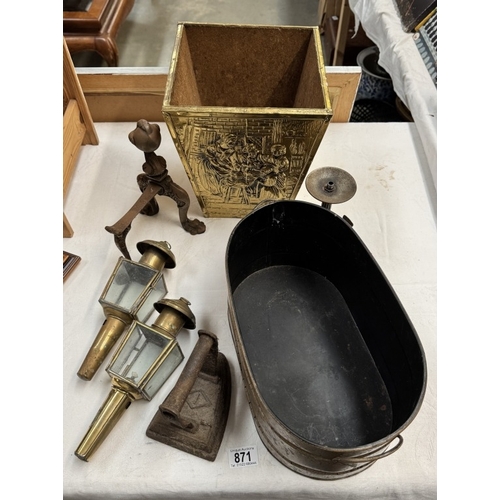 871 - A pair of brass lamps, Coach flat iron, planters etc