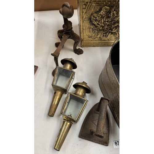 871 - A pair of brass lamps, Coach flat iron, planters etc