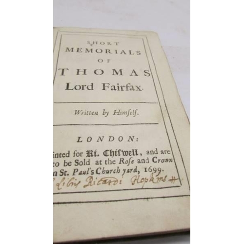 1237 - Fairfax, Thomas, Short Memorials of Thomas Lord Fairfax written by himself. 1699, London. 1st Editio... 