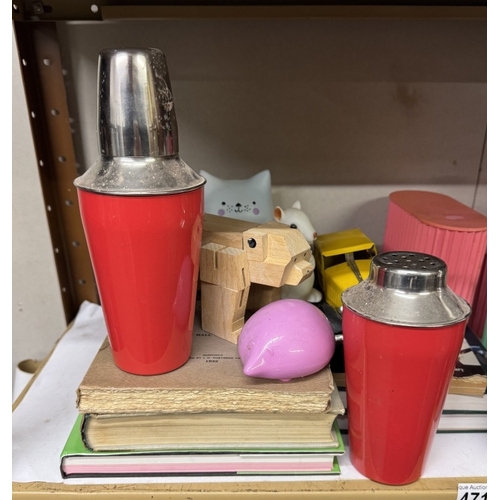 471 - A quantity of cocktail shakers, battery operated lights, books etc