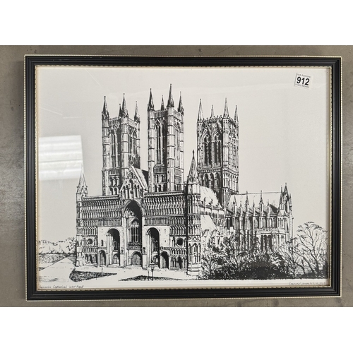 912 - A black & white print of Lincoln Cathedral west front