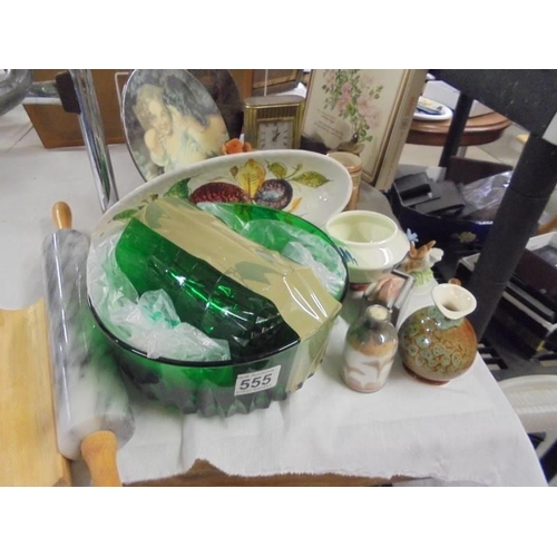 555 - A mixed lot including green glass fruit set, tea bowls etc.,