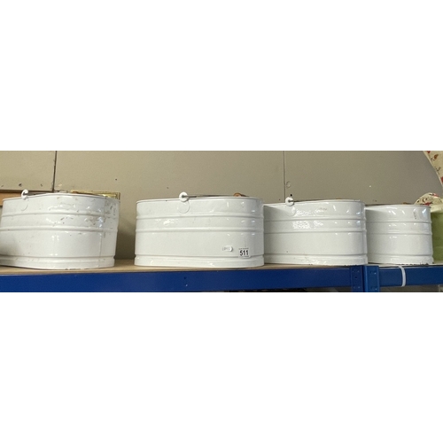 511 - 4 White tin oval buckets with handles A/F