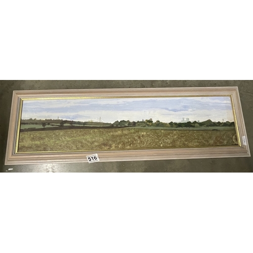 516 - An oil on board of Lincoln skyline across fields. 66 x 21cm, Image 59.5 x 14cm