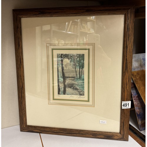 491 - 2 Framed & glazed woodland scenes in tones of greens & greys. See photographs for artist.