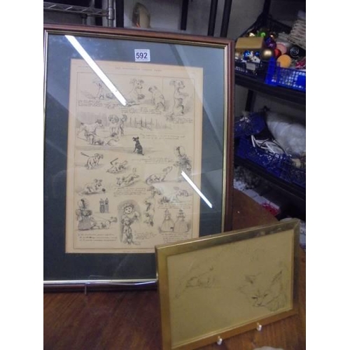 592 - A framed and glazed print featuring dogs and a pencil drawing of a cat. COLLECT ONLY.