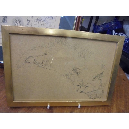 592 - A framed and glazed print featuring dogs and a pencil drawing of a cat. COLLECT ONLY.