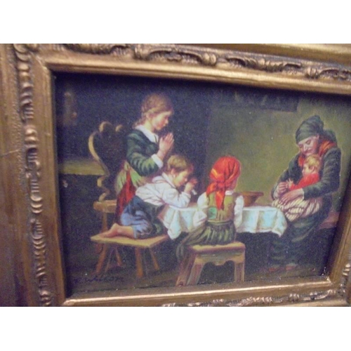 593 - A gilt framed overpainted print of dining scene.