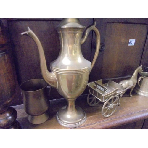 614 - A mixed lot of brass ware including coffee pots.