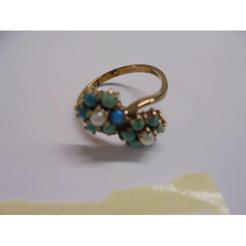 1004 - An Edwardian yellow gold turquoise and pearl ring, size P half, 3.1 grams.