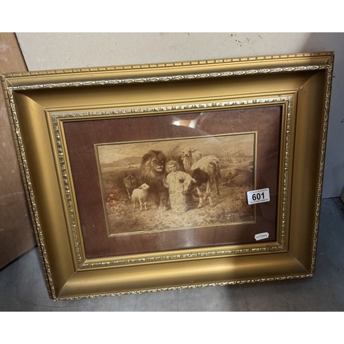 601 - 4 gilt picture frames of various sizes, 1 containing a sepia print of a girl with lion & farm animal... 