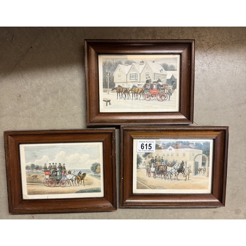 615 - 3 Old coloured engravings of coach & horses signed L.A.S Douglas. Frame 22 x 17cm, Image 15 x 10cm