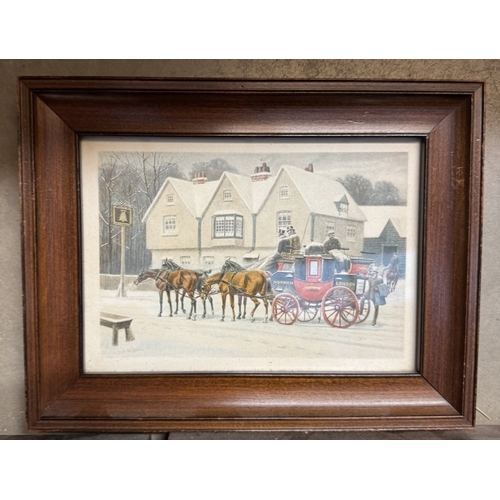 615 - 3 Old coloured engravings of coach & horses signed L.A.S Douglas. Frame 22 x 17cm, Image 15 x 10cm