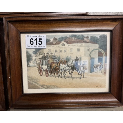 615 - 3 Old coloured engravings of coach & horses signed L.A.S Douglas. Frame 22 x 17cm, Image 15 x 10cm