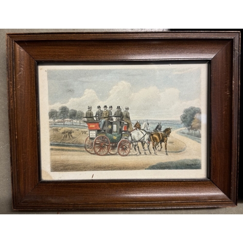 615 - 3 Old coloured engravings of coach & horses signed L.A.S Douglas. Frame 22 x 17cm, Image 15 x 10cm