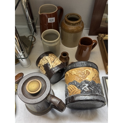 620 - 2 Bretby cannisters, Stoneware flagon, Jugs etc