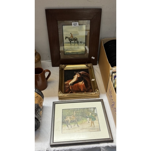 621 - 2 Horse prints taken from engravings & A oil on board in gilt frame