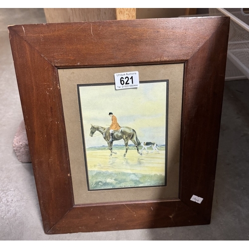 621 - 2 Horse prints taken from engravings & A oil on board in gilt frame