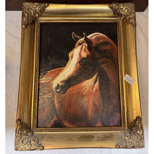 621 - 2 Horse prints taken from engravings & A oil on board in gilt frame