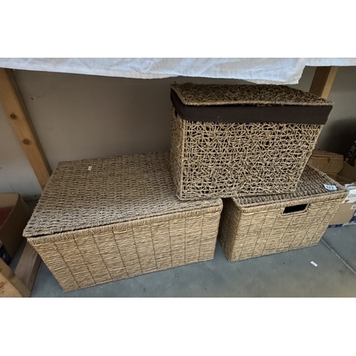 623 - 2 Large & 1 other wicker storage boxes with lids