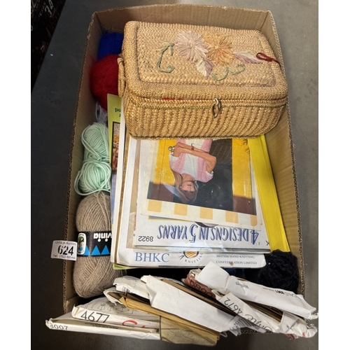 624 - A box of sewing patterns, knitting wool & A sewing box with contents