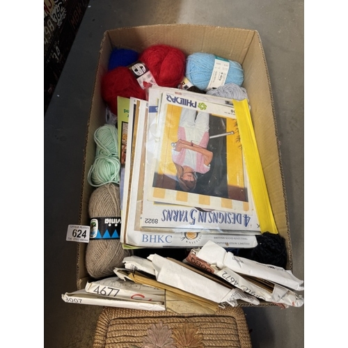 624 - A box of sewing patterns, knitting wool & A sewing box with contents