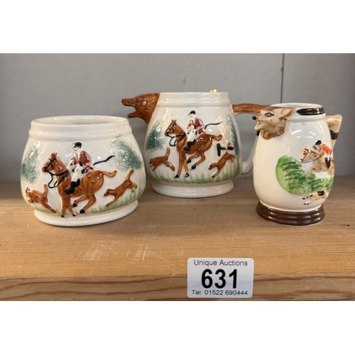 631 - 3 Vintage ceramic hunting scene jugs & a pot