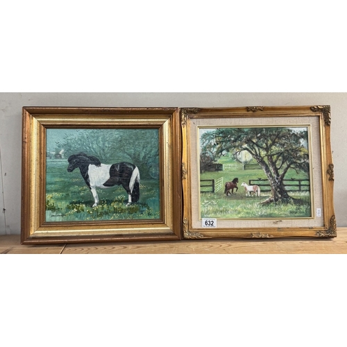 632 - 2 Gilt framed oils on board of horses