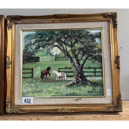 632 - 2 Gilt framed oils on board of horses