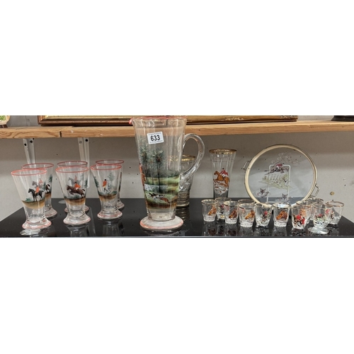 633 - A large vintage water jug & sets of glasses depicting hunting scenes