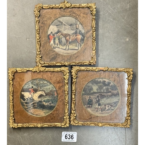 636 - 3 Gilt framed round pictures of bygone fox hunting scenes