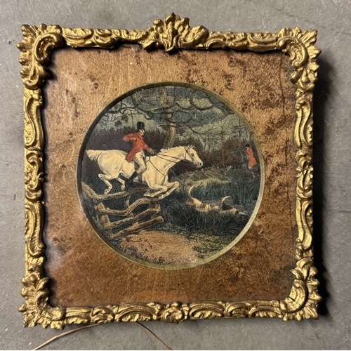 636 - 3 Gilt framed round pictures of bygone fox hunting scenes