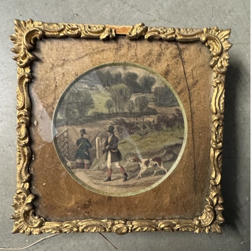 636 - 3 Gilt framed round pictures of bygone fox hunting scenes