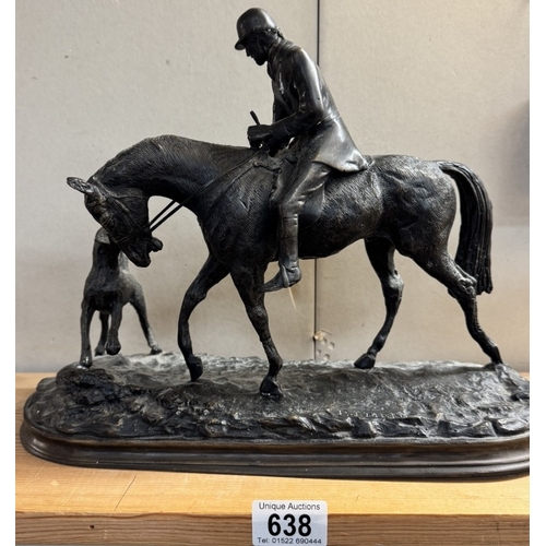 638 - A solid bronze figure of a horse with rider & hound signed PJ Mene