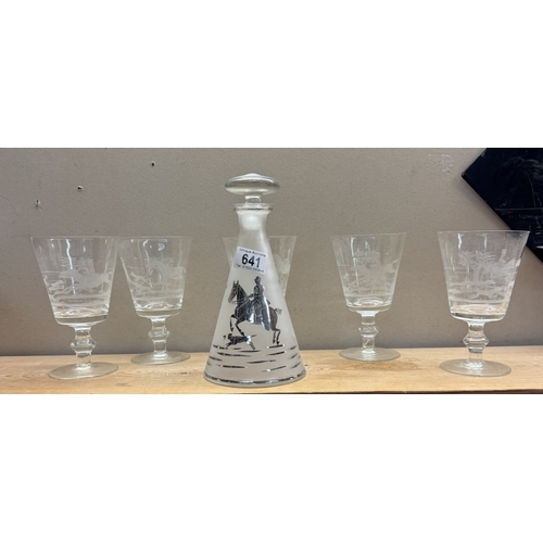 641 - 5 Vintage glasses with deep etched fox hunting decoration & a decanter