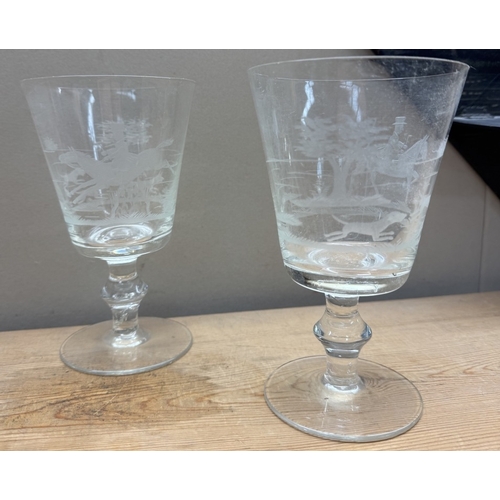 641 - 5 Vintage glasses with deep etched fox hunting decoration & a decanter