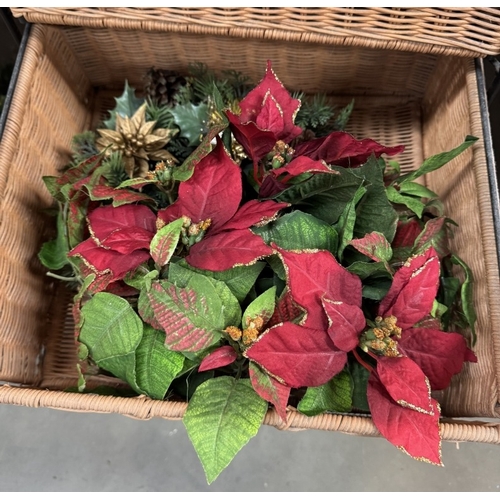 645 - A 3 drawer wicker basket on wheels, wicker basket, quantity of canvas of fruit, & a Christmas wreath... 