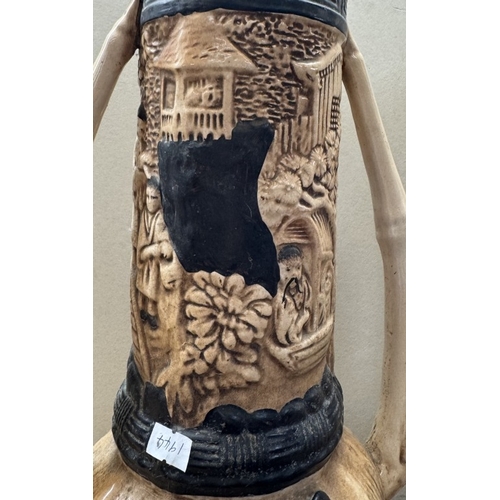 648 - 3 Bretby Japanese design vases with applied lizards height 37cm, 1 A/F