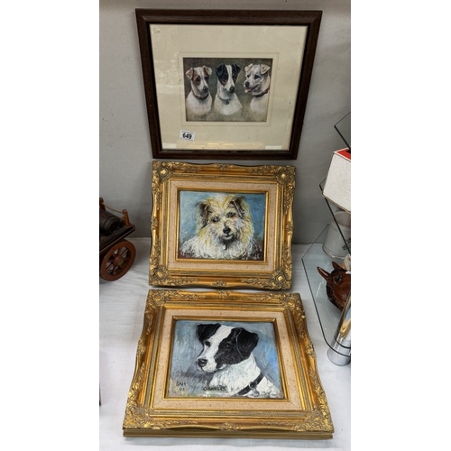 649 - 2 Gilt framed oils on canvas of dogs & a print