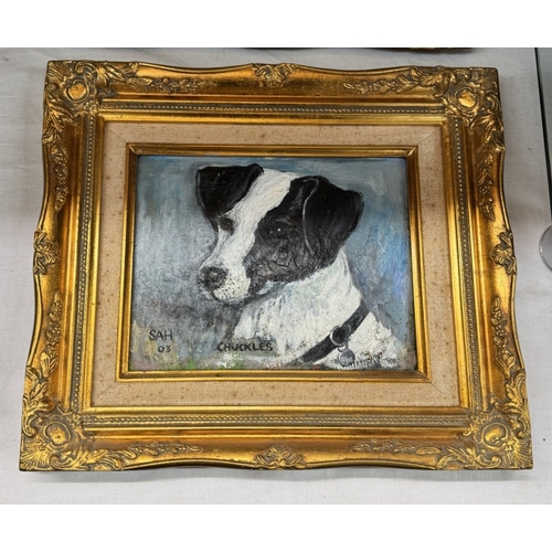 649 - 2 Gilt framed oils on canvas of dogs & a print