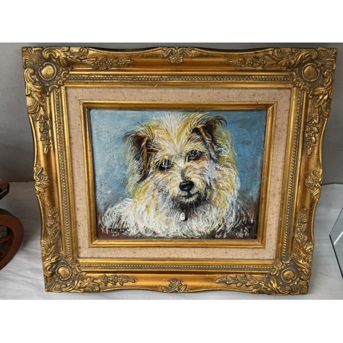 649 - 2 Gilt framed oils on canvas of dogs & a print