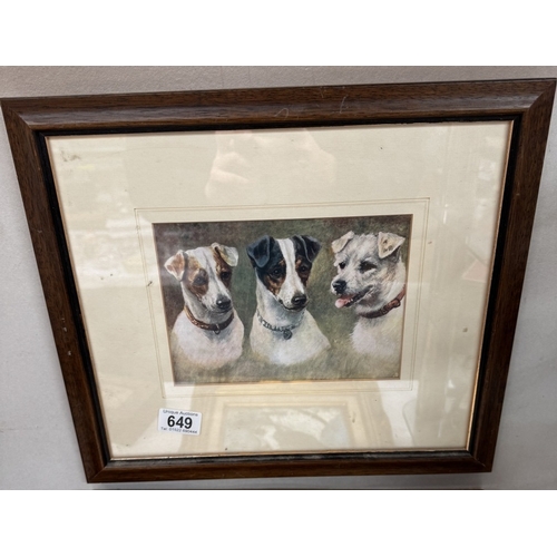 649 - 2 Gilt framed oils on canvas of dogs & a print