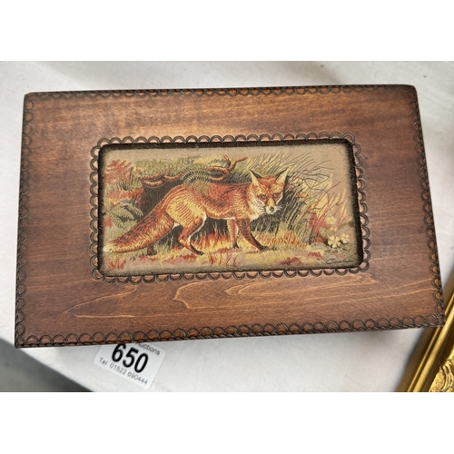 650 - A Cash's woven picture of a fox mounted into a wooden box. From the Tatra mountains, Poland