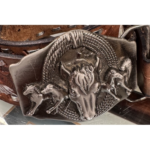 657 - A good Mexican leather belt depicting horses & eagles with buckle & a Kevin Francis pot etc